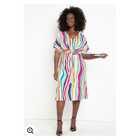 Eloquii Rainbow Stripe Wrap Around Midi Dress Sz.28W NWT - Picture 1 of 15
